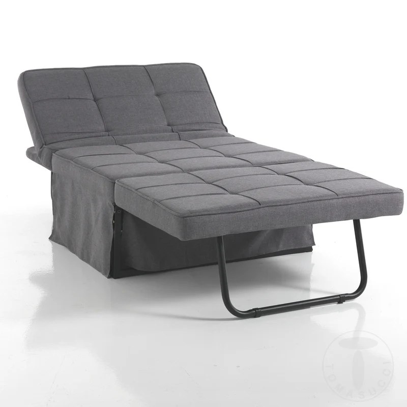 Pouf moderno trasformabile in chaise lounge e letto rivestito in tessuto grigio cm 95x70x40h