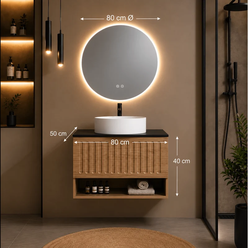 Mueble de Baño Yuri 80 cm con Espejo LED y Lavabo Cerámico