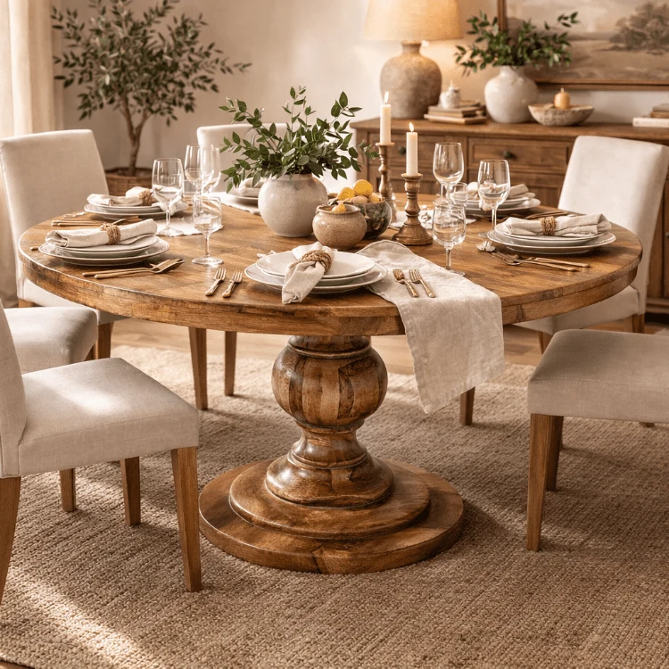 Mesa redonda artesanal Tina 150 cm en madera de mango maciza