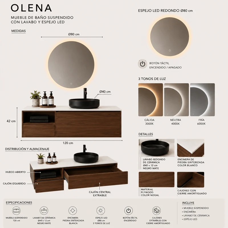 Mueble de Baño Olena 120 cm con Lavabo Redondo Negro y Espejo LED