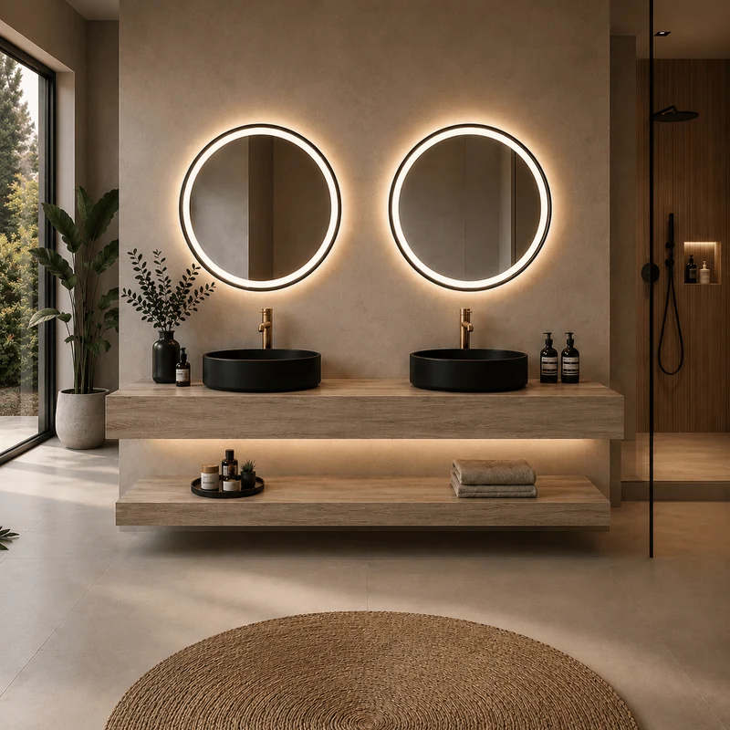 Mueble de baño encimera 2 lavabos redondos 140 + espejos led Mauricio Gold