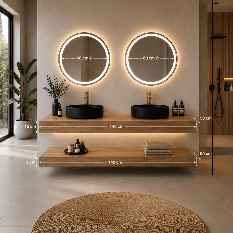 Mueble de baño encimera 2 lavabos redondos 140 + espejos led Mauricio Gold