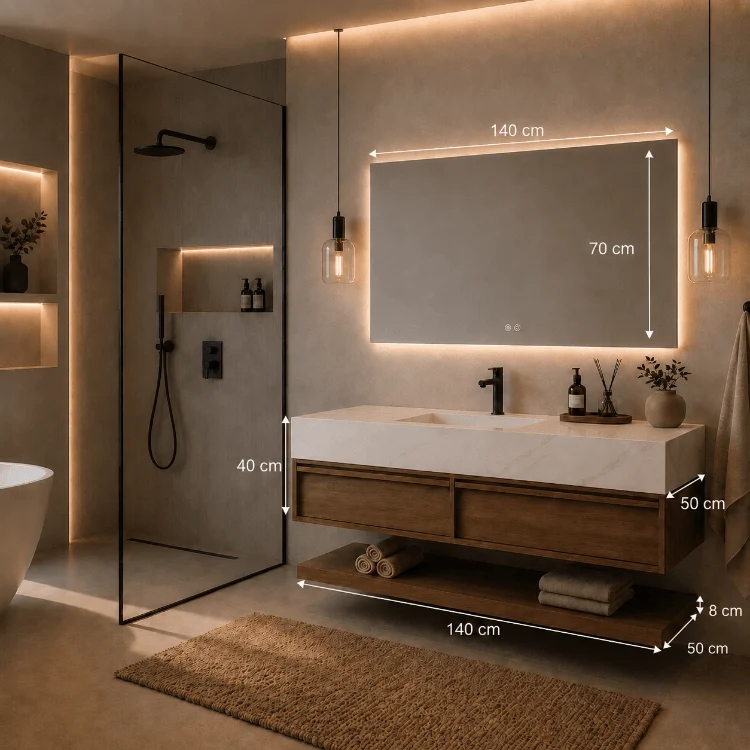 Mueble de baño suspendido 4 piezas Alira 140 acabado nogal, piedra sinterizada y espejo LED