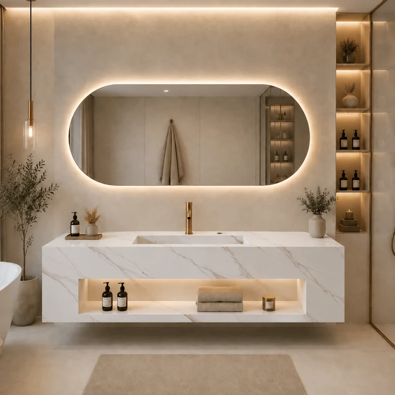 Lavabo Varenna de piedra sinterizada Calacatta Gold con espejo LED – Conjunto suspendido de baño