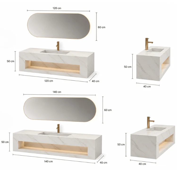 Lavabo Varenna de piedra sinterizada Calacatta Gold con espejo LED – Conjunto suspendido de baño