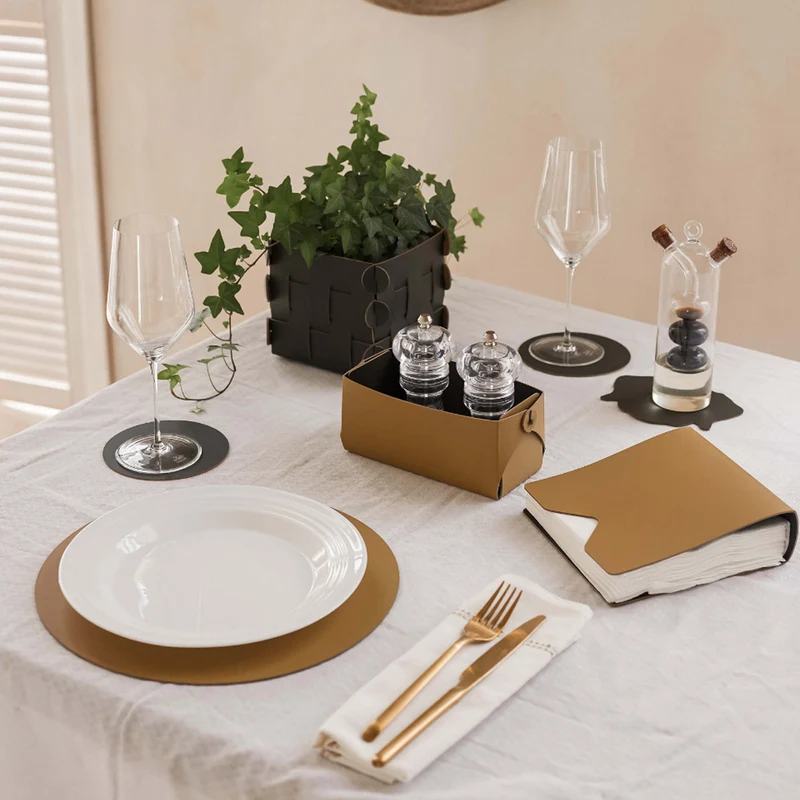 Leather Round PLACEMAT & Napkin Rings BOTTEGA by Ekaterina Borovkova for ADJ STYLE