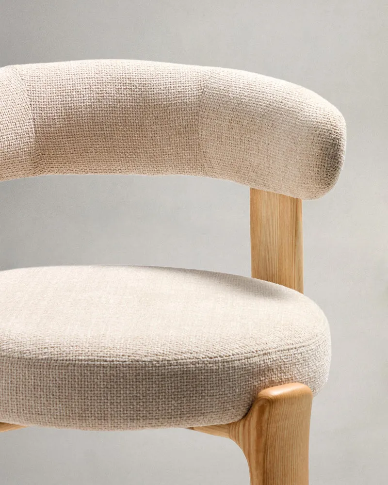 Hocker Granite aus beigefarbener Chenille und massivem Eschenholz mit naturfarbenem Finish