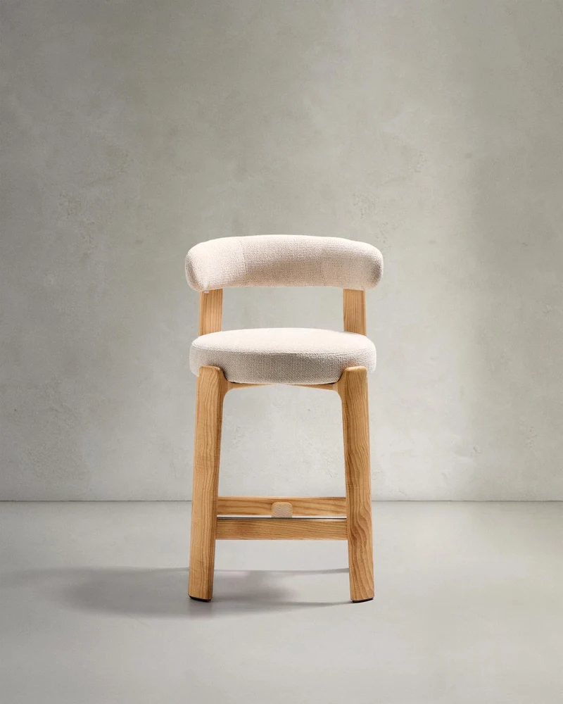 Hocker Granite aus beigefarbener Chenille und massivem Eschenholz mit naturfarbenem Finish