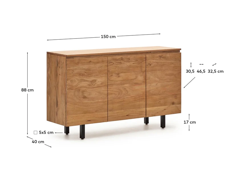 3-türiges Sideboard Uxue aus massivem Akazienholz mit gebleichtem Finish 150 x 88 cm