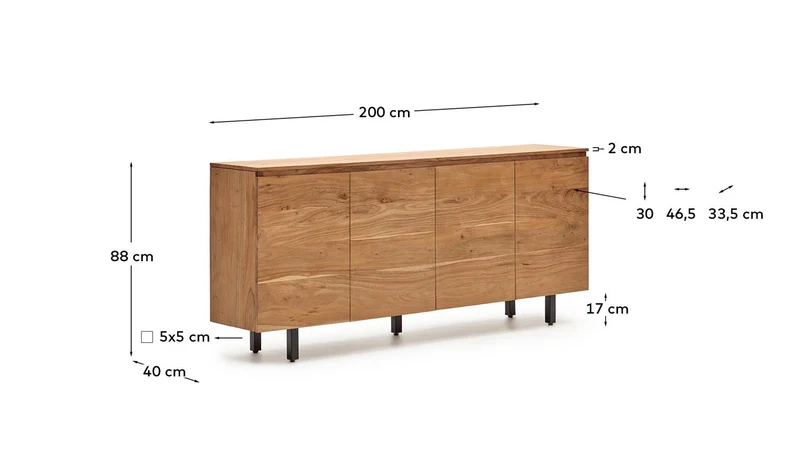 4-türiges Sideboard Uxue aus massivem Akazienholz mit gebleichtem Finish 200 x 88 cm