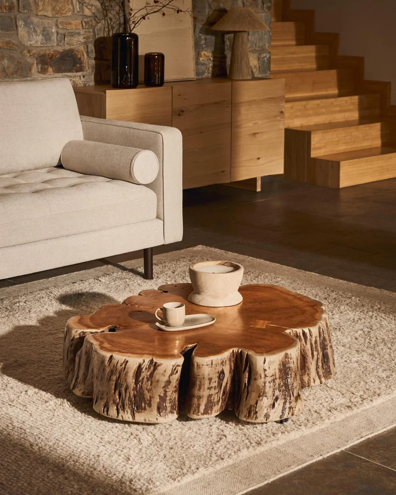 Couchtisch Tavine aus massivem Akazienholz mit gebleichtem Finish und Rollen Ø 85 cm