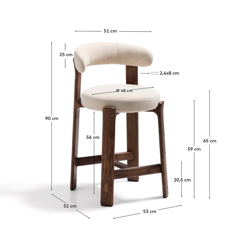 Hocker Granite aus beigefarbener Chenille und massivem Eschenholz mit walnussholzfarbenem