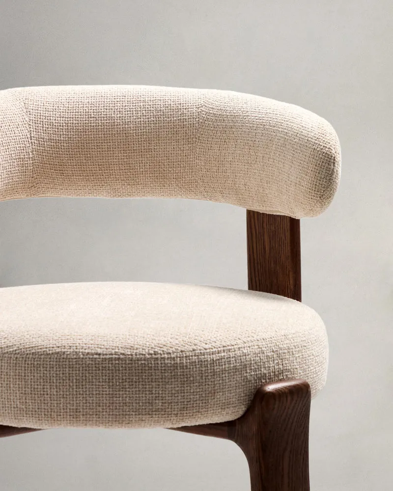Hocker Granite aus beigefarbener Chenille und massivem Eschenholz mit walnussholzfarbenem