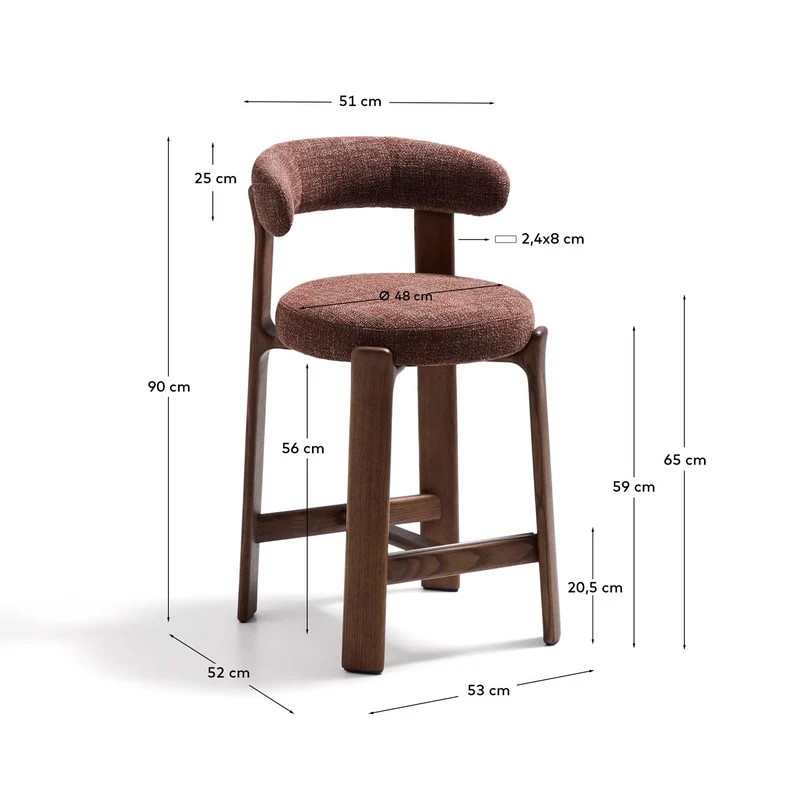 Hocker Granite aus brauner Chenille und massivem Eschenholz mit walnussholzfarbenem Finish