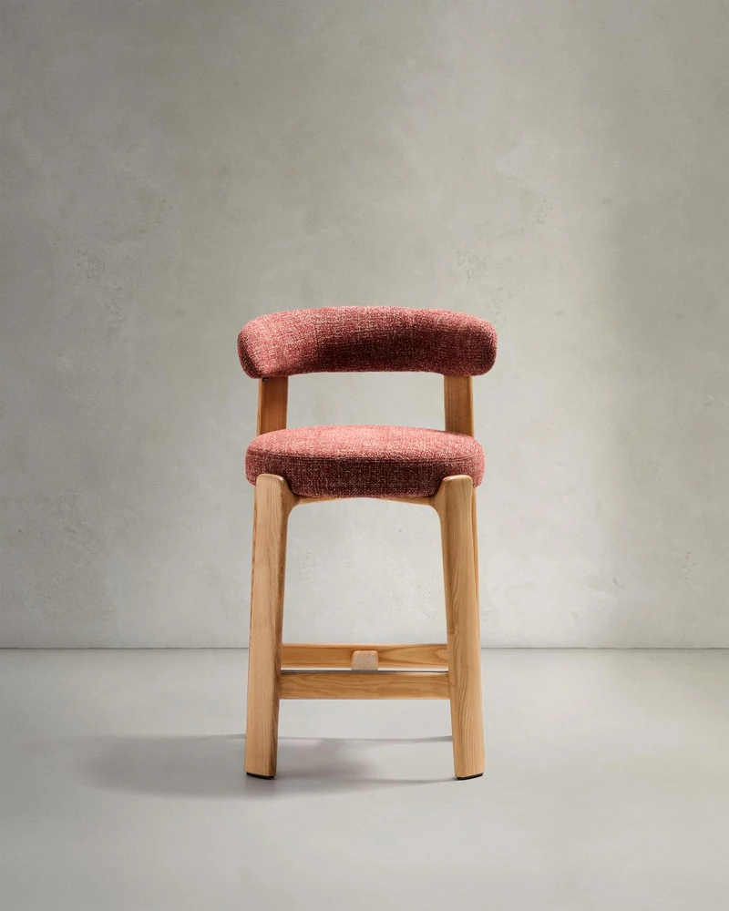 Hocker Granite aus terrakottafarbener Chenille und massivem Eschenholz mit naturfarbenem F