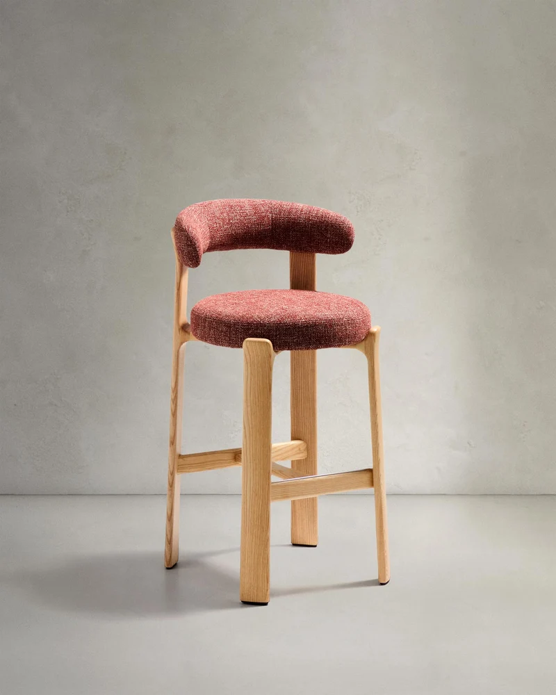 Hocker Granite aus terrakottafarbener Chenille und massivem Eschenholz mit naturfarbenem F