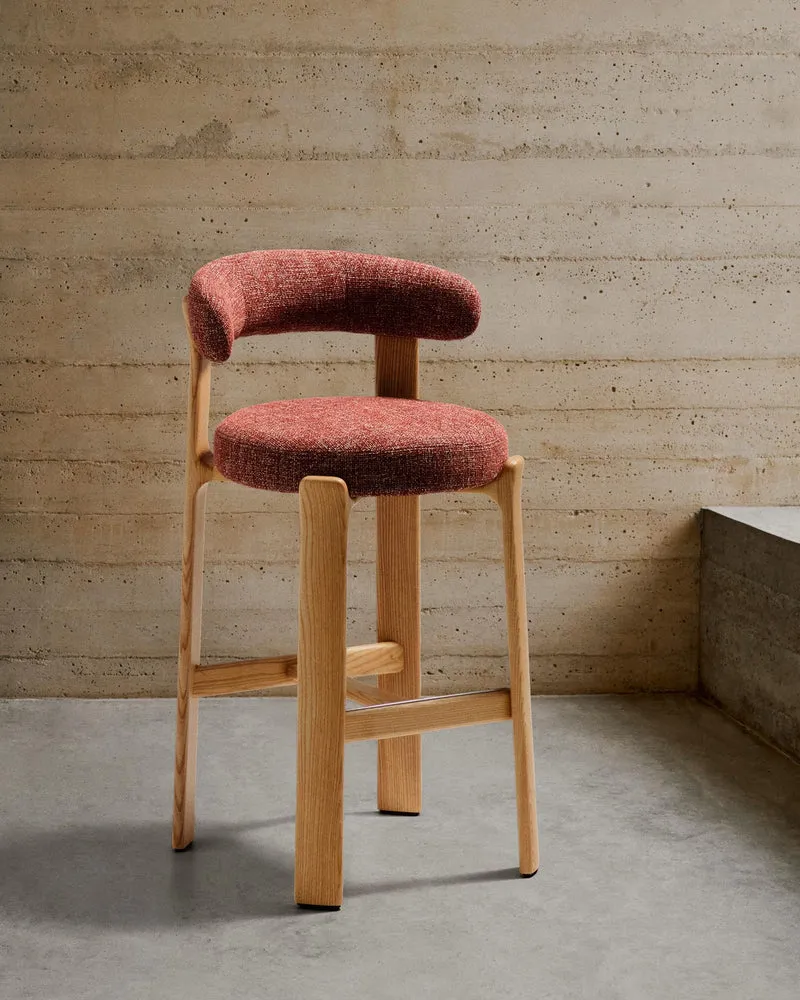 Hocker Granite aus terrakottafarbener Chenille und massivem Eschenholz mit naturfarbenem F