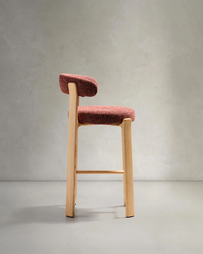 Hocker Granite aus terrakottafarbener Chenille und massivem Eschenholz mit naturfarbenem F