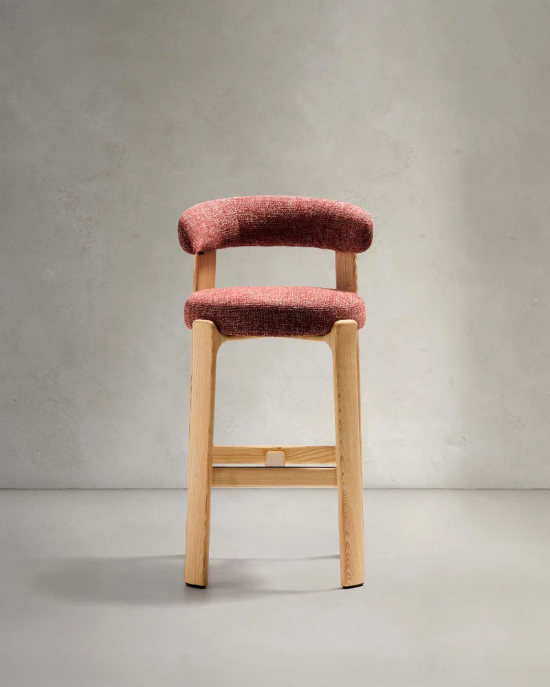 Hocker Granite aus terrakottafarbener Chenille und massivem Eschenholz mit naturfarbenem F
