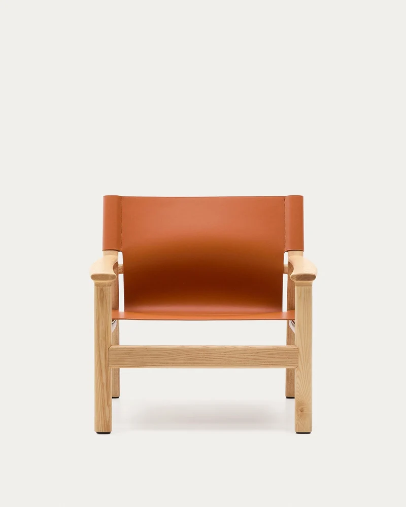 Sessel Jan aus recycelten Lederfasern in Hellbraun und massivem Eschenholz FSC 100 % mit F