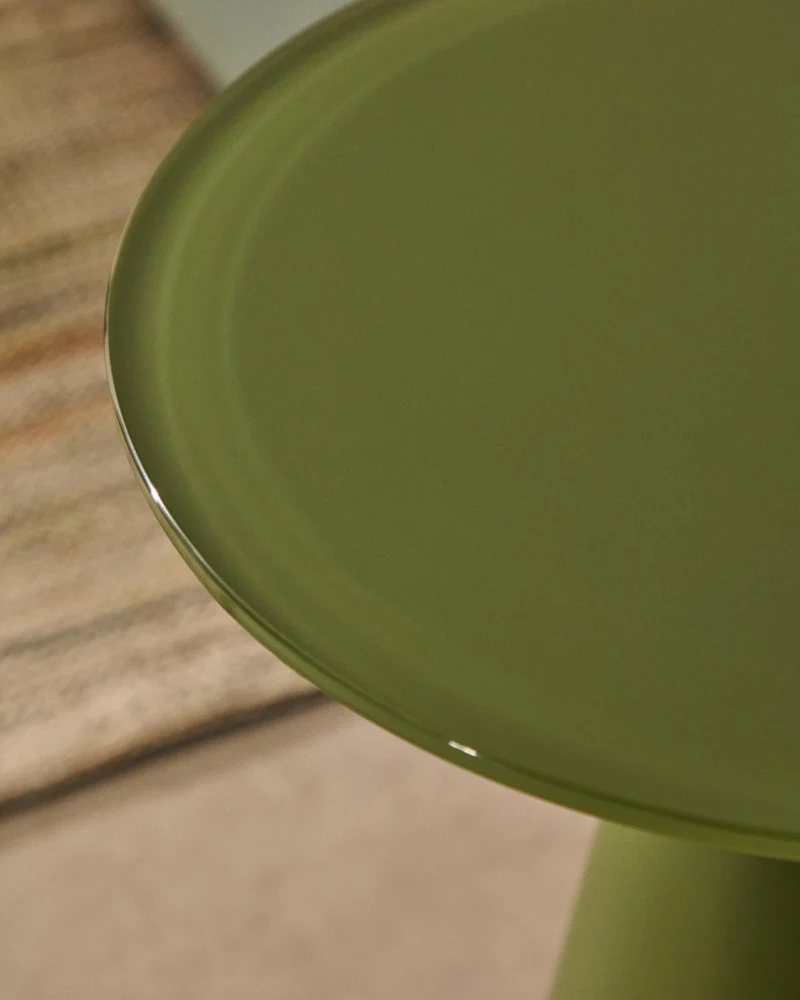 Wilshire Beistelltisch aus gehärteten Milchglas und Stahl matt grün lackiert Ø35 cm