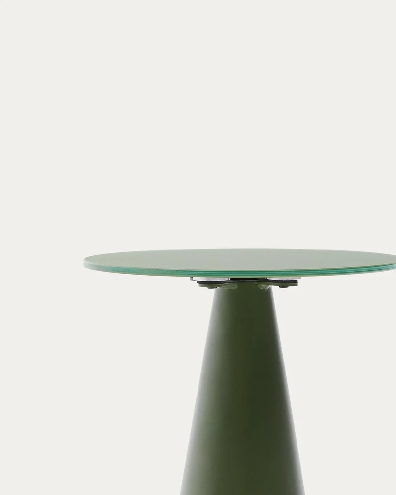 Wilshire Beistelltisch aus gehärteten Milchglas und Stahl matt grün lackiert Ø35 cm