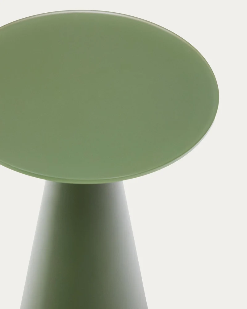 Wilshire Beistelltisch aus gehärteten Milchglas und Stahl matt grün lackiert Ø35 cm