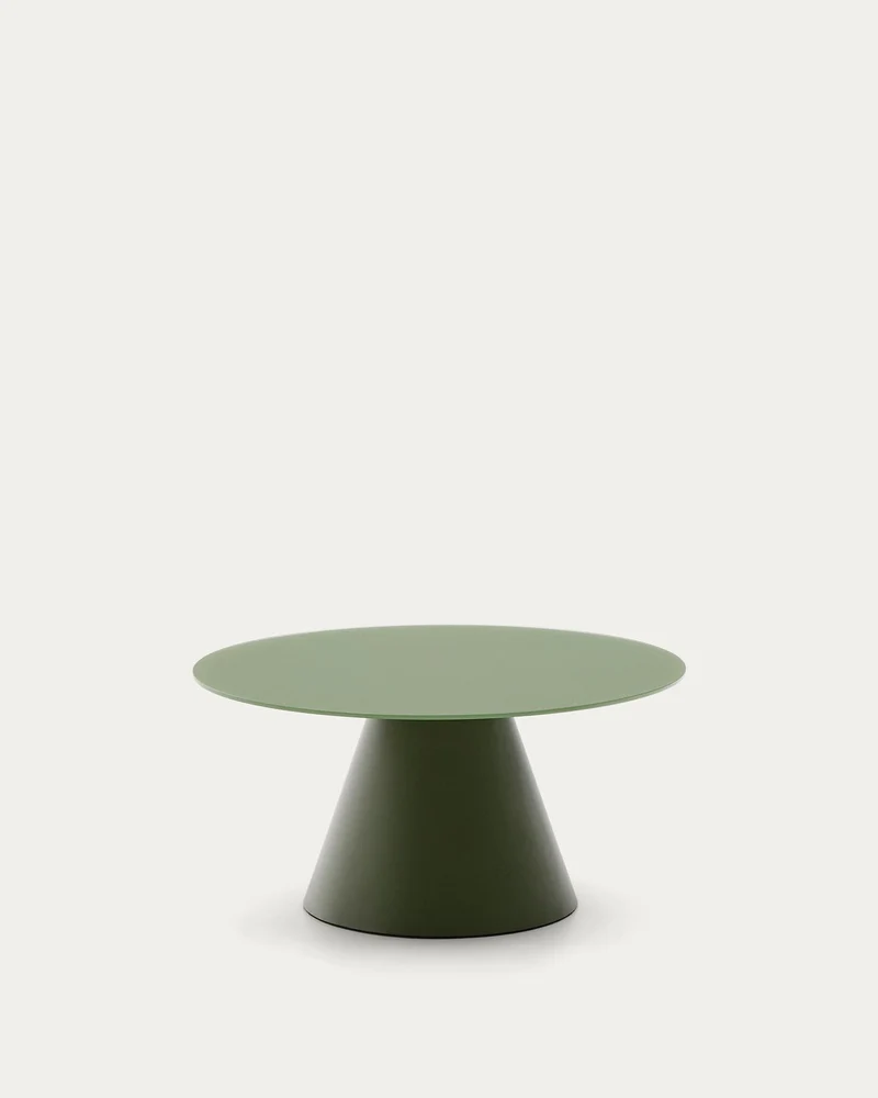 Wilshire Couchtisch aus gehärtetem Milchglas und Stahl matt grün lackiert Ø80 cm