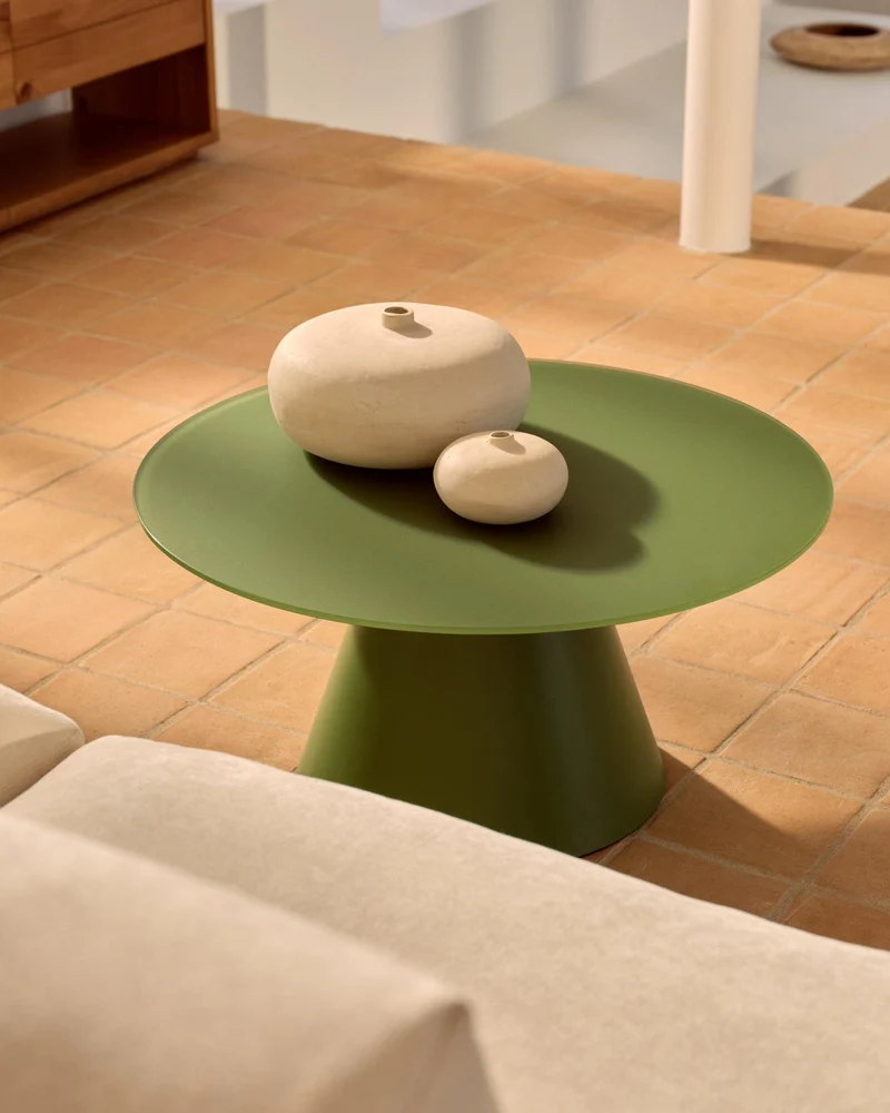Wilshire Couchtisch aus gehärtetem Milchglas und Stahl matt grün lackiert Ø80 cm