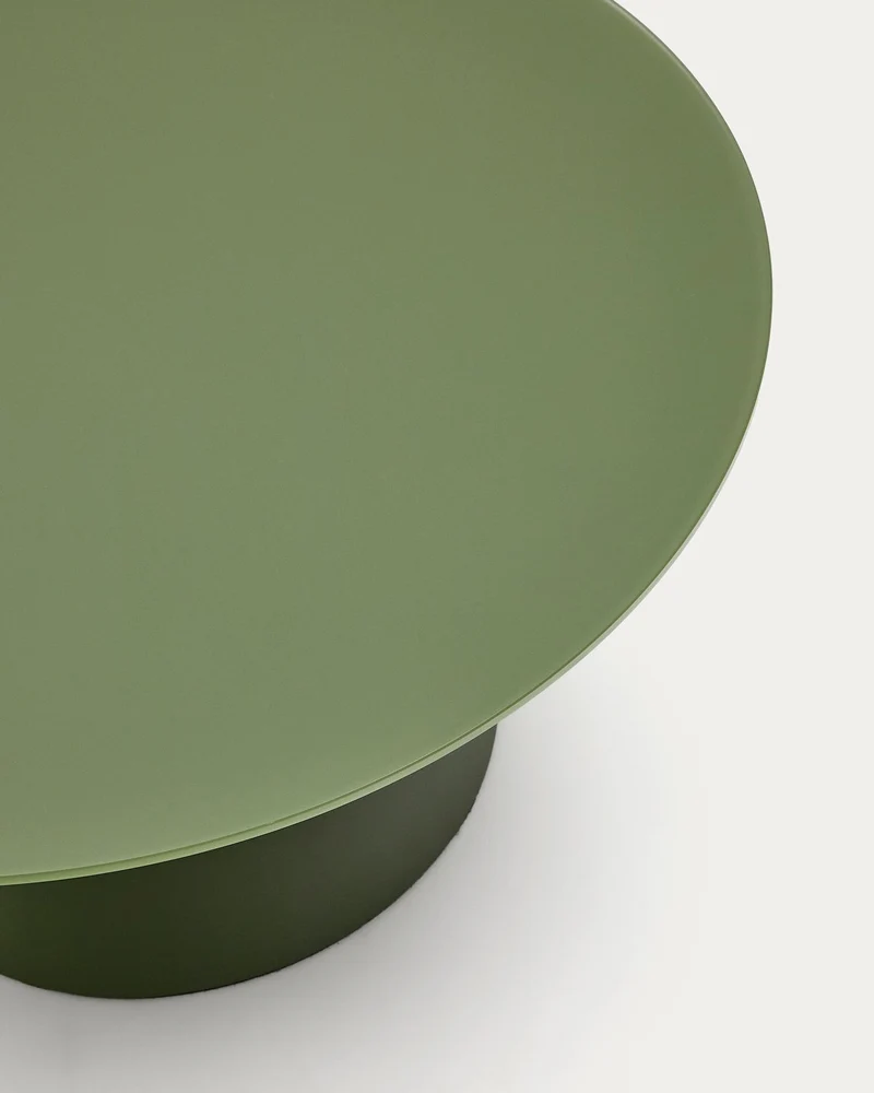 Wilshire Couchtisch aus gehärtetem Milchglas und Stahl matt grün lackiert Ø80 cm