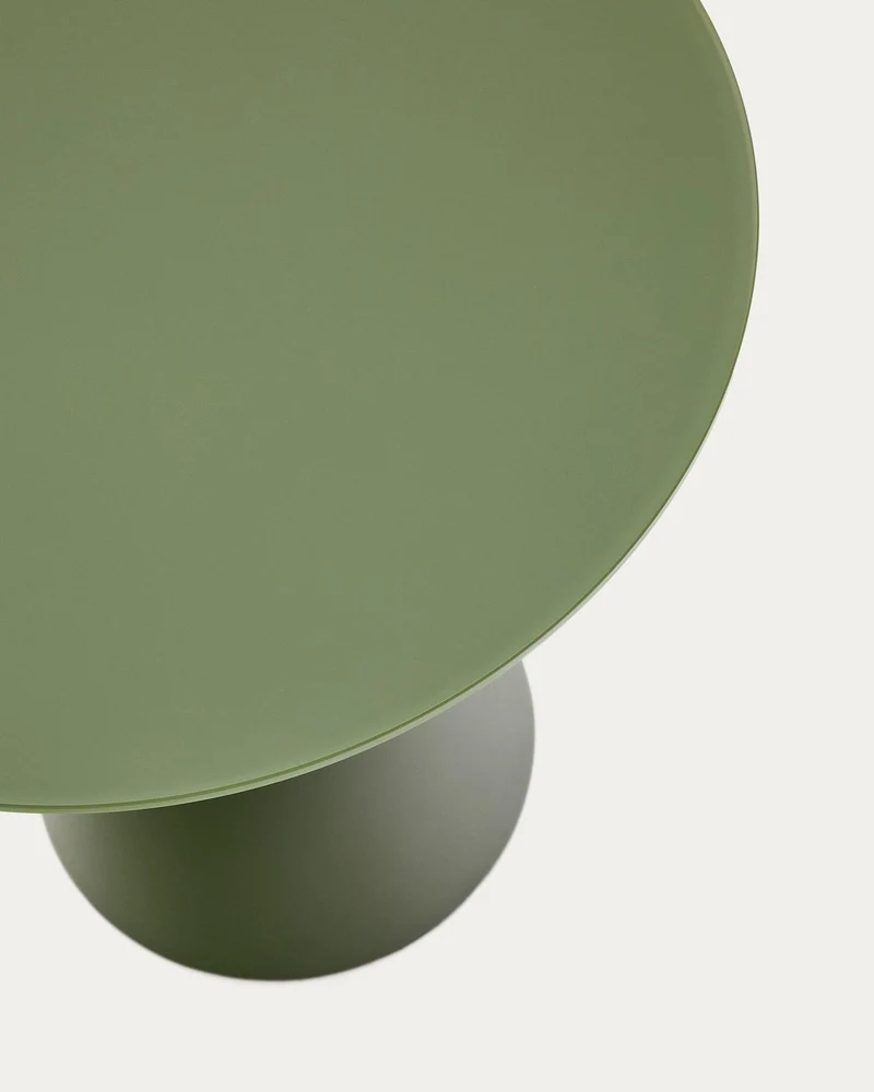 Wilshire Beistelltisch aus gehärtetem Milchglas und Stahl matt grün lackiert Ø50 cm
