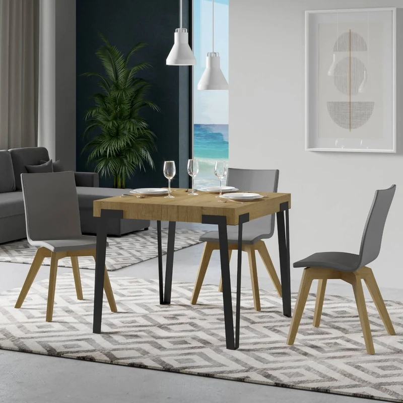 Rio - Tavolo moderno quadrato allungabile gambe in metallo piano in legno cm 90/246x90x80h - vari colori