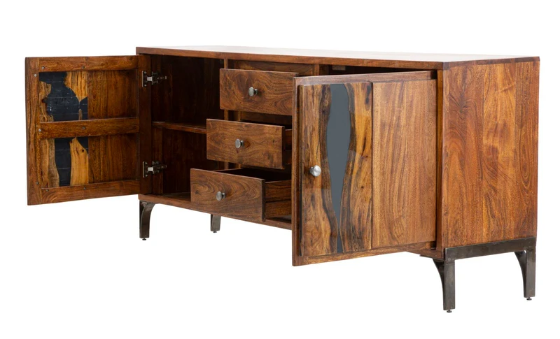 Mobile da soggiorno con ante e cassetti in legno di acacia cm 175x40x75h