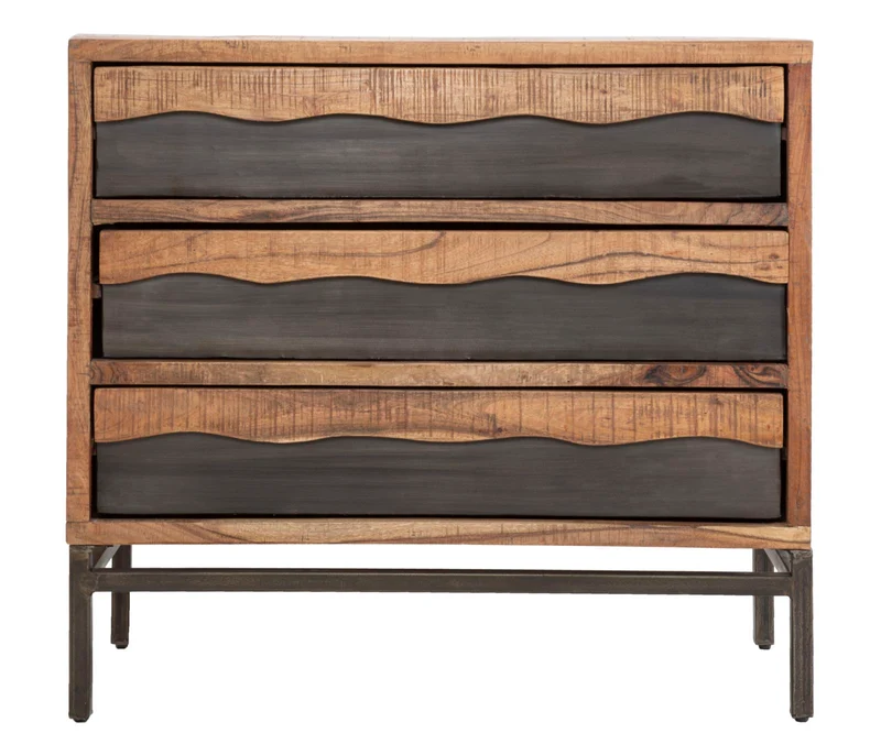 Comò in legno di acacia 3 cassetti con inserti in metallo stile industriale cm 88x45x80h