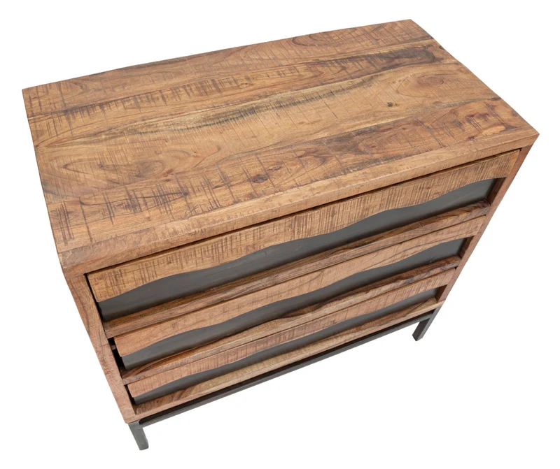 Comò in legno di acacia 3 cassetti con inserti in metallo stile industriale cm 88x45x80h