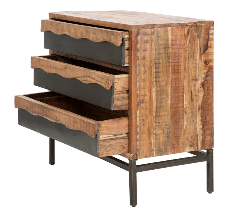 Comò in legno di acacia 3 cassetti con inserti in metallo stile industriale cm 88x45x80h