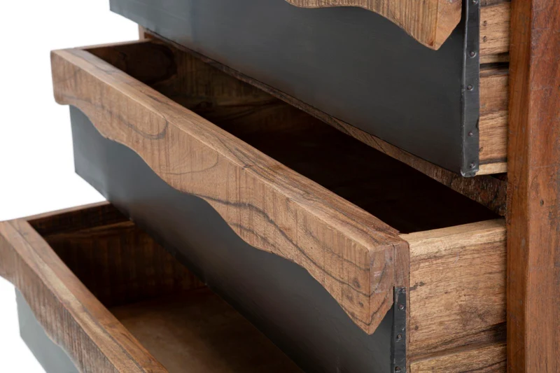 Comò in legno di acacia 3 cassetti con inserti in metallo stile industriale cm 88x45x80h