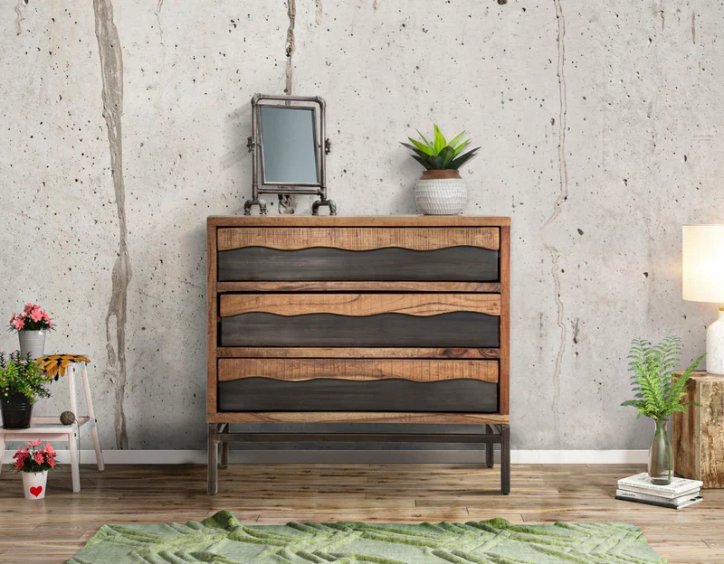 Comò in legno di acacia 3 cassetti con inserti in metallo stile industriale cm 88x45x80h