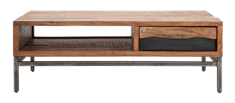 Tavolino da caffè basso in legno di acacia con cassetto e vano cm 118x70x40h