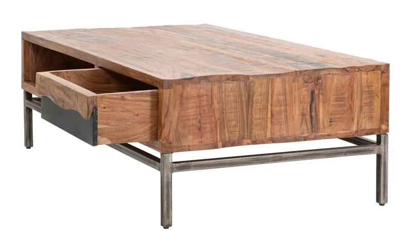 Tavolino da caffè basso in legno di acacia con cassetto e vano cm 118x70x40h