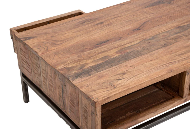 Tavolino da caffè basso in legno di acacia con cassetto e vano cm 118x70x40h