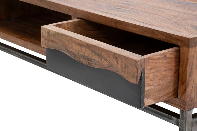 Tavolino da caffè basso in legno di acacia con cassetto e vano cm 118x70x40h