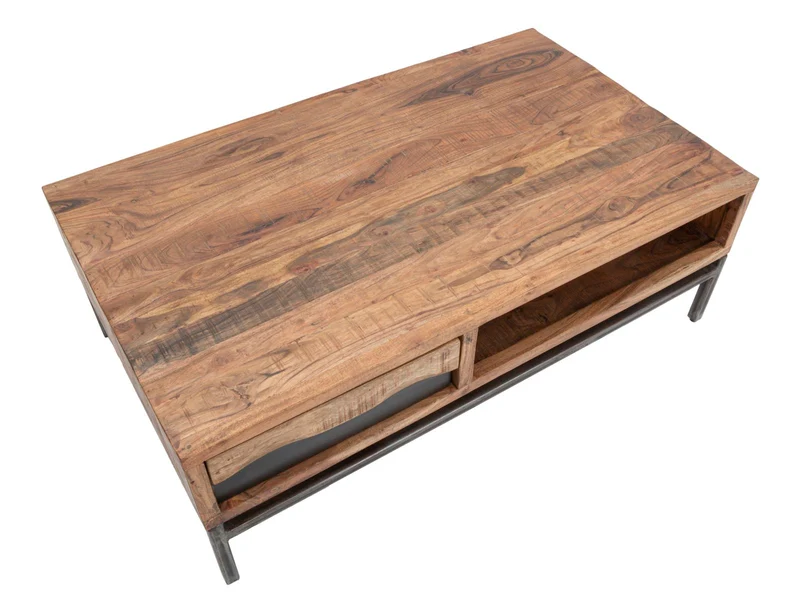 Tavolino da caffè basso in legno di acacia con cassetto e vano cm 118x70x40h