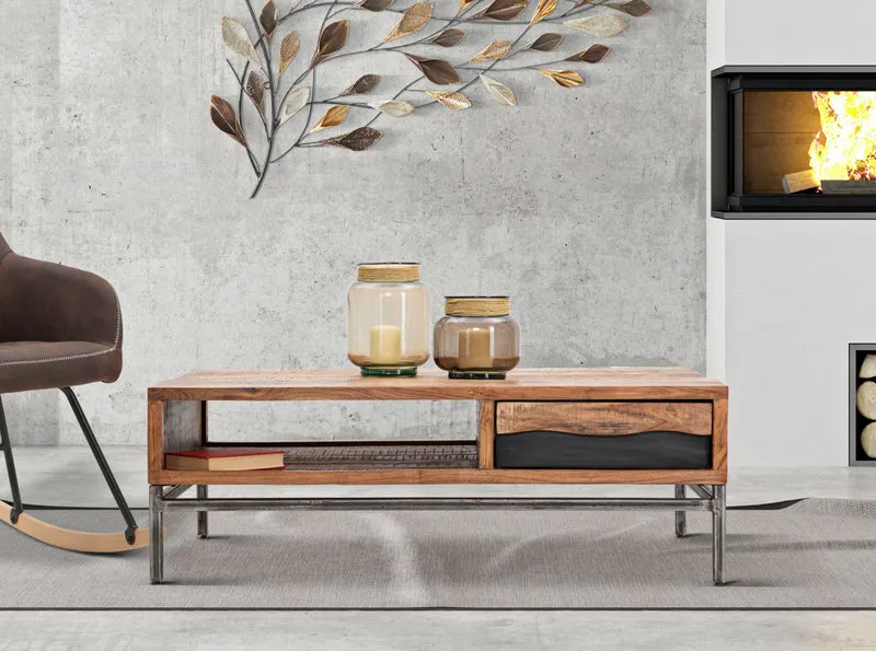 Tavolino da caffè basso in legno di acacia con cassetto e vano cm 118x70x40h