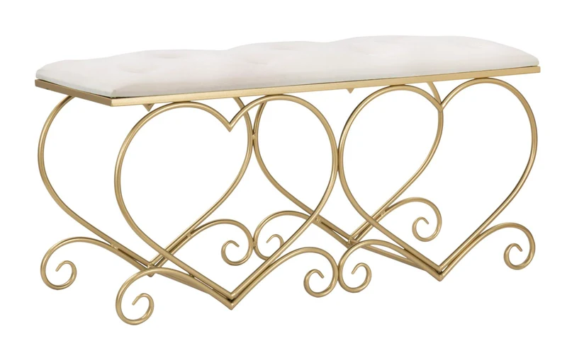 Panca design in metallo dorato a forma di cuore seduta in tessuto cm 105x37x51h - vari colori