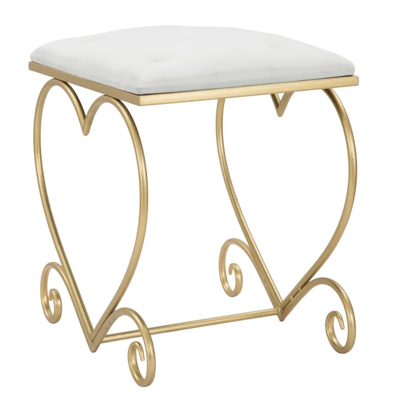 Sgabello basso pouf moderno in metallo dorato forma a cuore cm 50x37x51h - vari colori