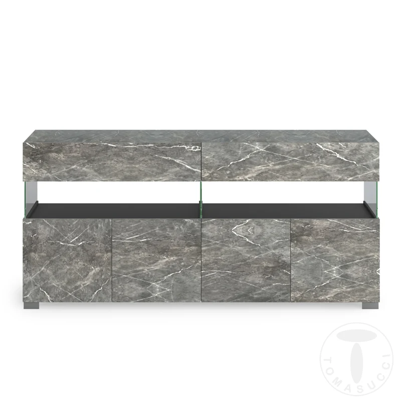 Mobile living in legno e vetro con 4 ante e 2 cassetti colore marmo grigio cm 172x40x81h