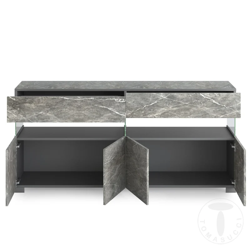 Mobile living in legno e vetro con 4 ante e 2 cassetti colore marmo grigio cm 172x40x81h