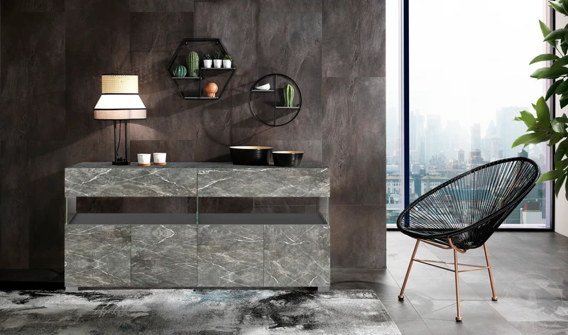 Mobile living in legno e vetro con 4 ante e 2 cassetti colore marmo grigio cm 172x40x81h