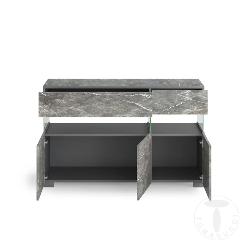 Mobile zona giorno con ante e cassetti in legno effetto marmo e vetro cm 129x40x81h